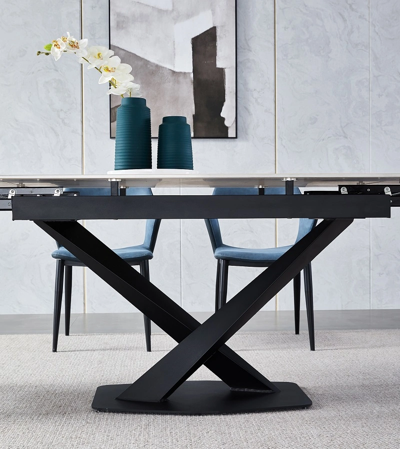 Modern and Extendable Sintered Stone Top Steel Base Dining Table