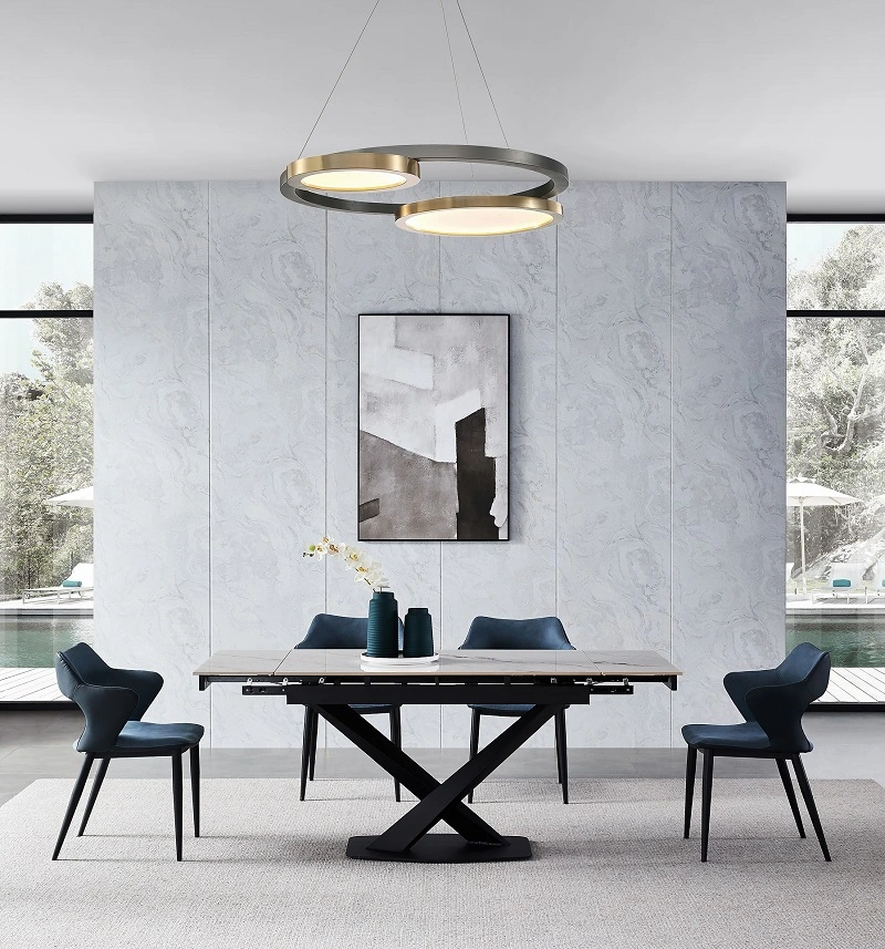 Modern and Extendable Sintered Stone Top Steel Base Dining Table